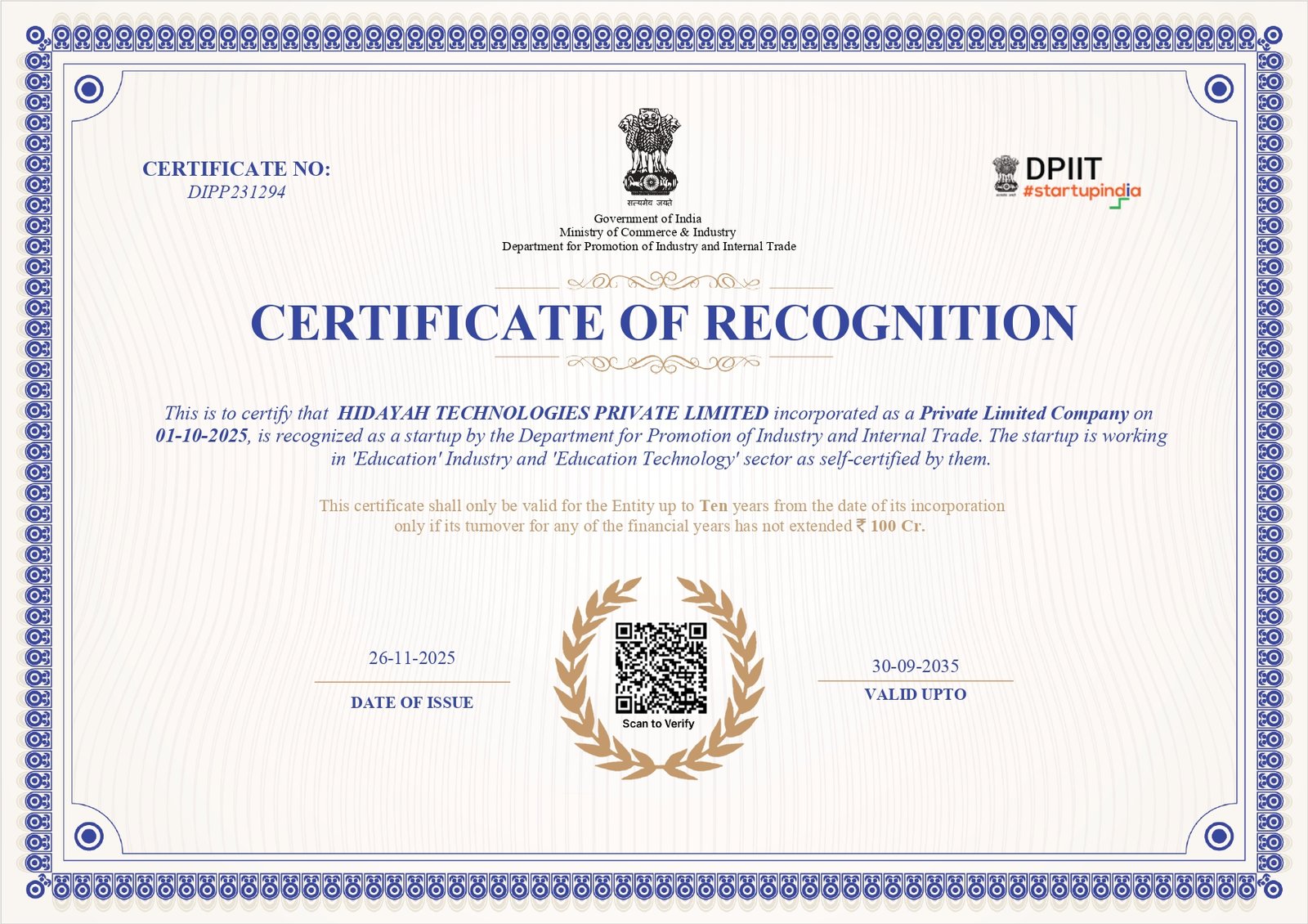 DPIIT Certificate